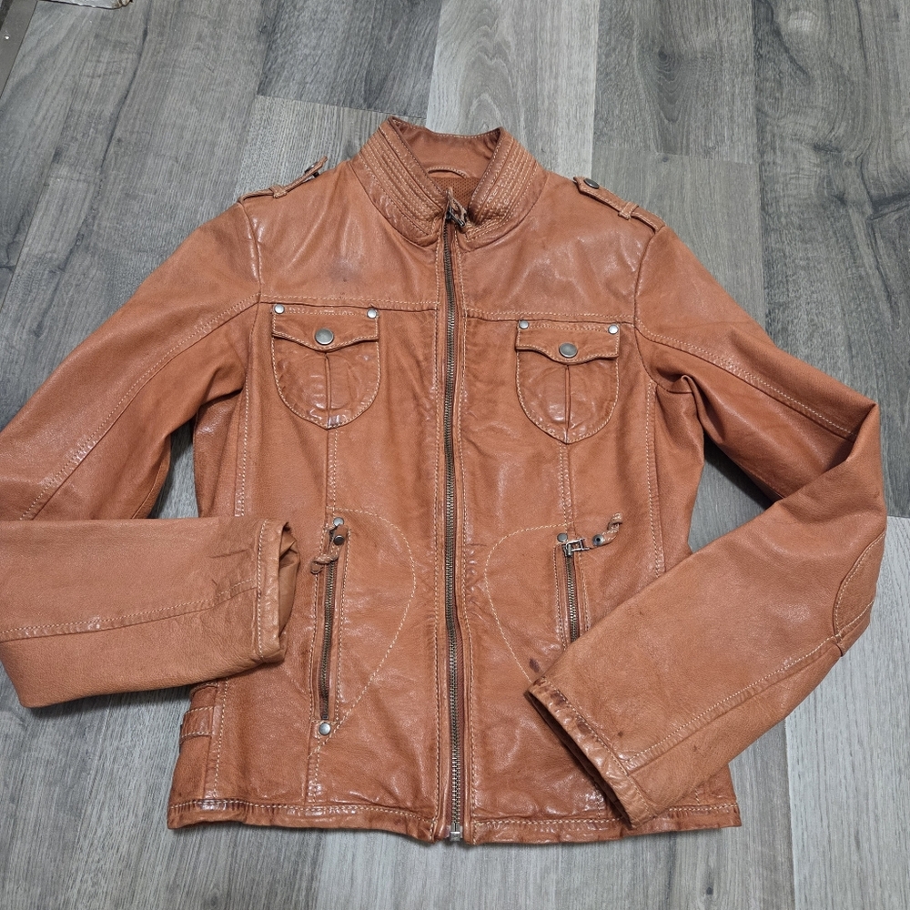 Danier Cognac Genuine Leather Moto Jacket 2XS Fitted Zip Front Fits Like XS - Picture 14 of 14